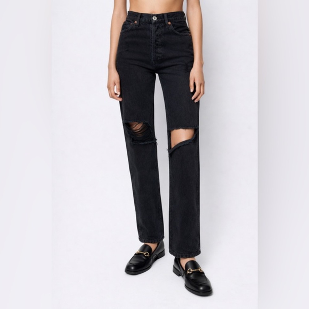 RE/DONE 70s Stovepipe Jeans Women’s 26‎ Black High Rise Distressed Straight Leg